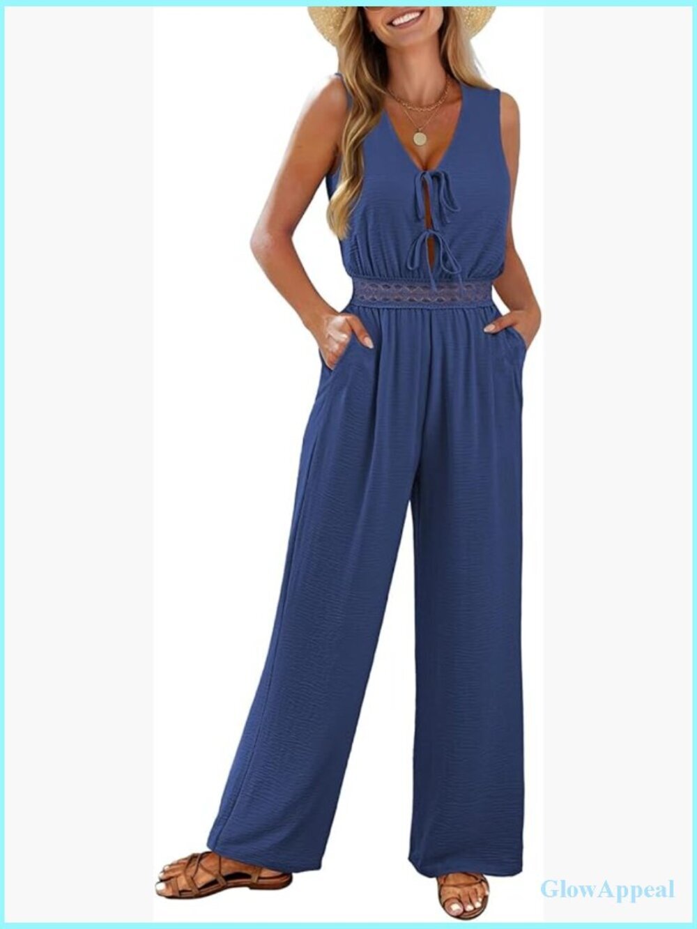 Sleeveless V-Neck Wide Leg Jumpsuit Romper with Pockets